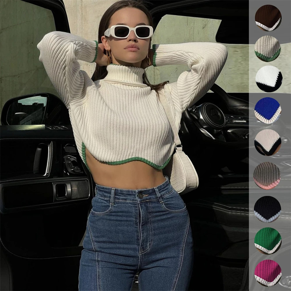 Y2k Turtleneck Crop Sweater For Winter Solid Knitted Long Sleeve Slim Pullovers Jumpers Knitwears Women Clothing