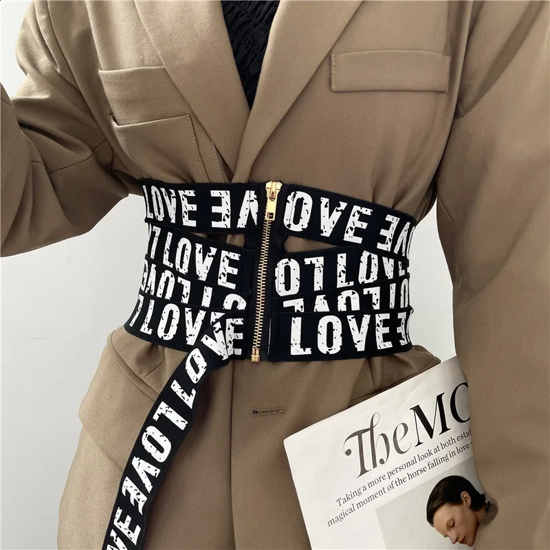 Getspring Women Cummerbunds Letter Printed Zipper Black Wide Belt Fashion Elastic Waistband All Match Ladies Waist Band Corset 241227