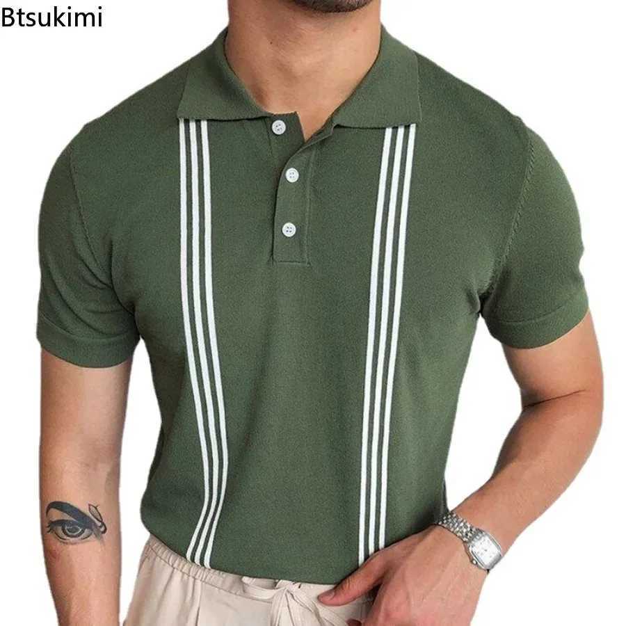 Hot Sale Mens Summer Clothes Luxury Style Slim Green Stripe shirt Shirts Male Knitted Short Sleeve shirt T shirts Mens Shirts X241228
