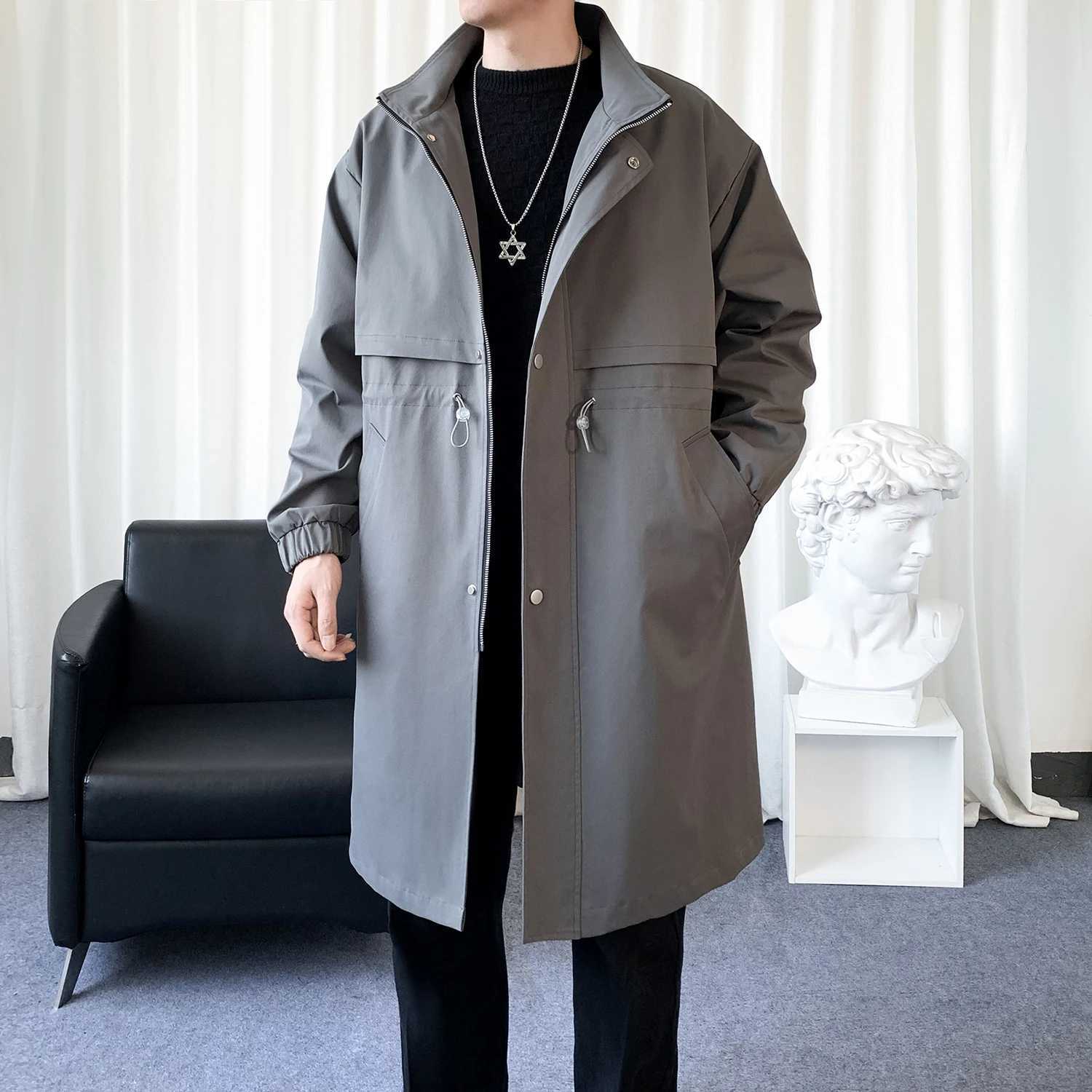 Long patch work trench coat casual collar mens clothing fashion paradigm cape single chest zipper top mens patchwork jacket W241228