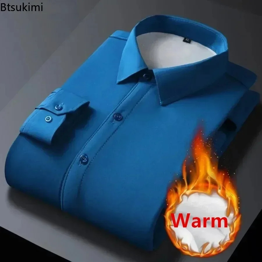 Oversized Mens Classic Business Dress ShirtS 2025 Autumn Winter Fleece Thick Warm Solid Slim Casual Social Shirt Men Blouse 5XL 241223