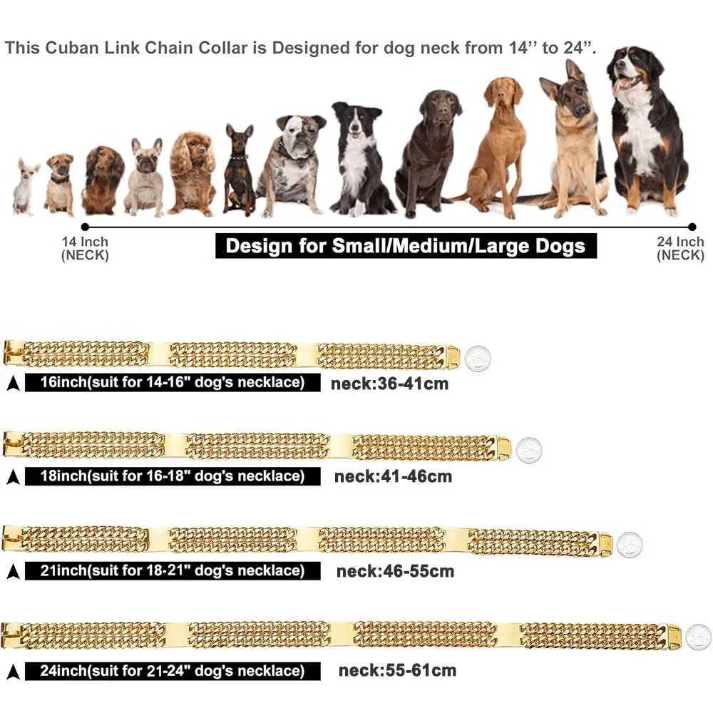 12mm Double Row Dog Chain Collar with Secure Buckle 18K Gold Cuban Link Strong Metal Collar for Big Dogs Pitbull German Shepherd M241228