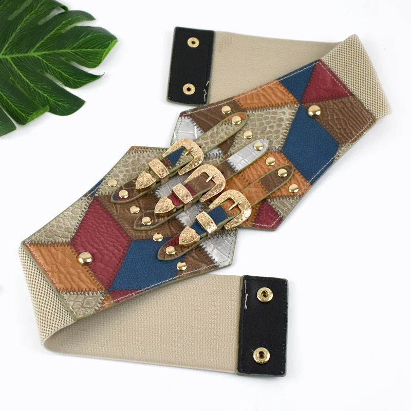 Deepeel 70cm Fashion Retro Rivet Cummerbund Pin Buckle Wide Belt Women Decorative Corset Dress Shirt Female Elastic Waistband 241227