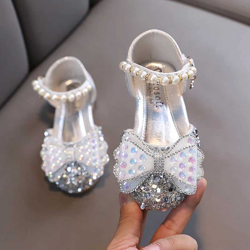 Girls Sequins Princess Flats Summer Childrens Student Dance PU Shoes Pearl Fashion Kids Rhinestone Bow Sandals W241228