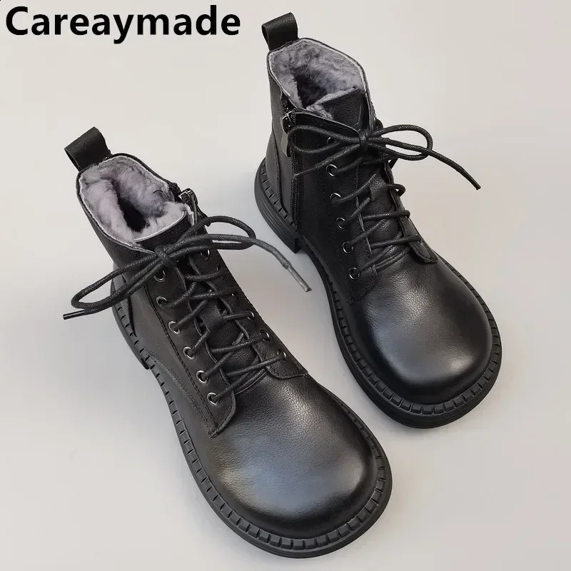 Careaymade100% Genuine leather wide version Casual women big size short bootsMens Pure handmade single boots warm Wool 241223