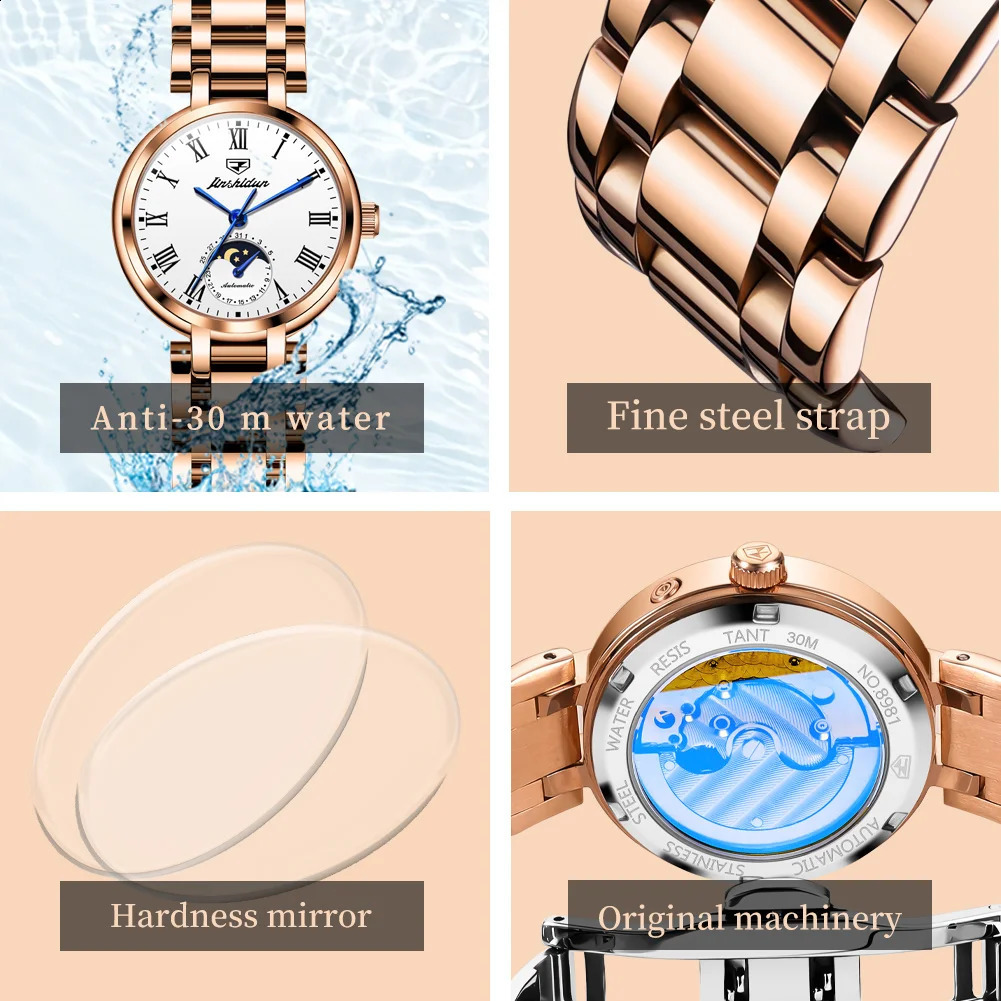 JSDUN 8981 Roman Scale Moon Phase Watch For Women Automatic Mechanical Original Wristwatch Date Waterproof Business Woman 241225
