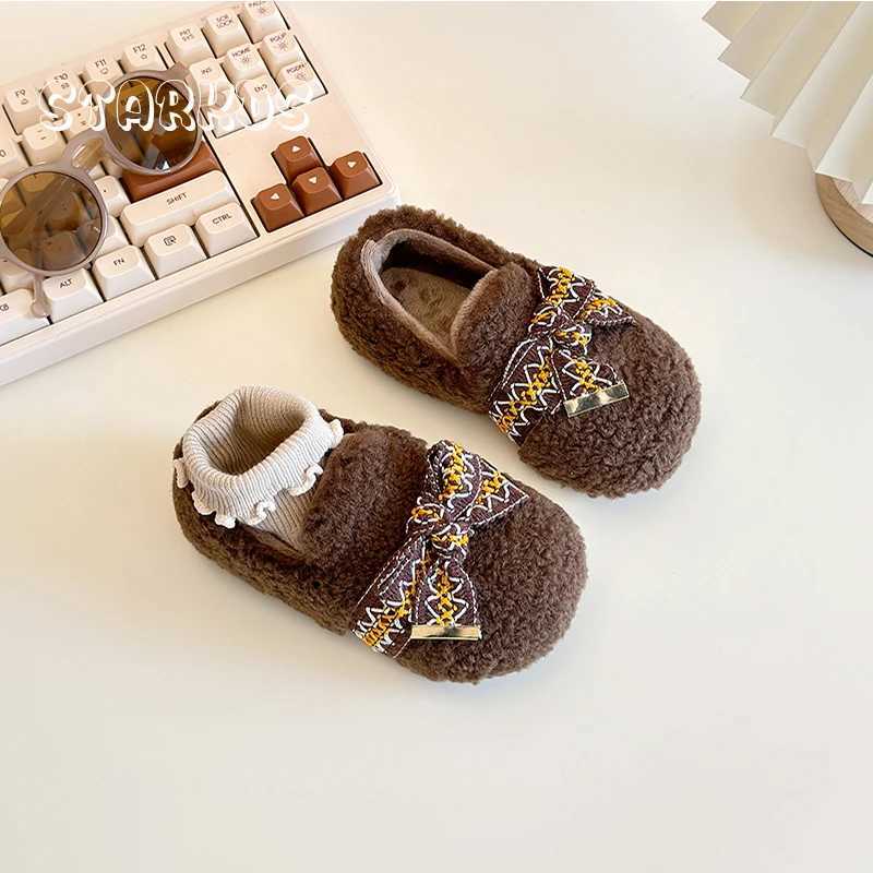 Luxury Bowknot Lambswool Loafer Baby Kid Winter Warm Teddy Fur Flat Shoes Toddler Girl Brand Design Embroider Tape Plush Shoes W241228