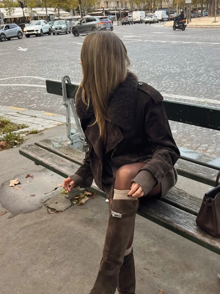 Vintage Solid Faux Fur Collar Suede Women Short Jackets Fashion Long Sleeve Female Cropped Coats Fall Winter Lady Streetwear 241223