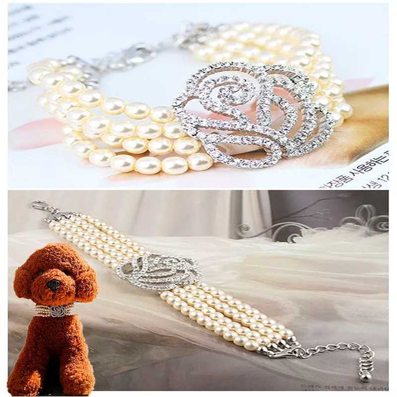 Pearl necklace dog collar fashionable jewelry puppy cat collar rhinestone artificial diamond rose dog pet accessories M241228