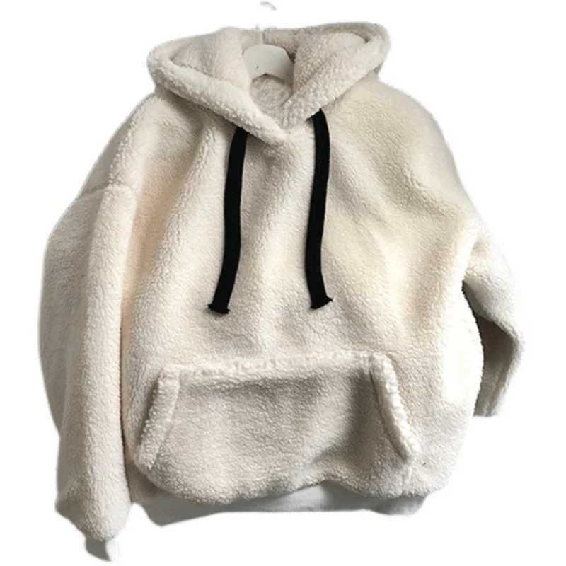 Wool Hoodie Womens Autumn Korean Loose Hoodie Long Sleeve Zipper Patch Pocket Warm Jacket X241228