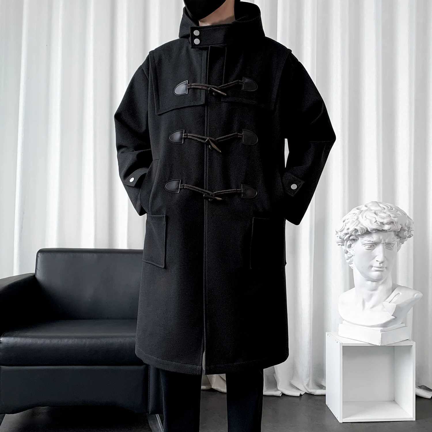 Horn Button Long Windbreaker Solid Color Single Breasted Mens Clothing Loose Oversized Trench Coat Casual Thick Hooded Male Top W241228