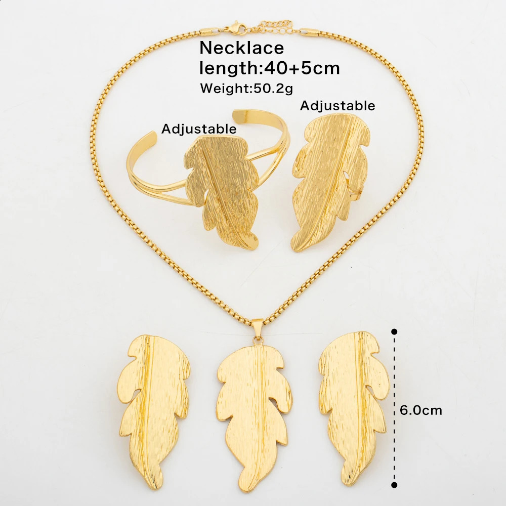 Simple Gold Color Copper Plant Leaf Earrings Chain Bangle Ring for Women Italy Fashion Statement Bracelet Necklace Jewelry Gift 241226
