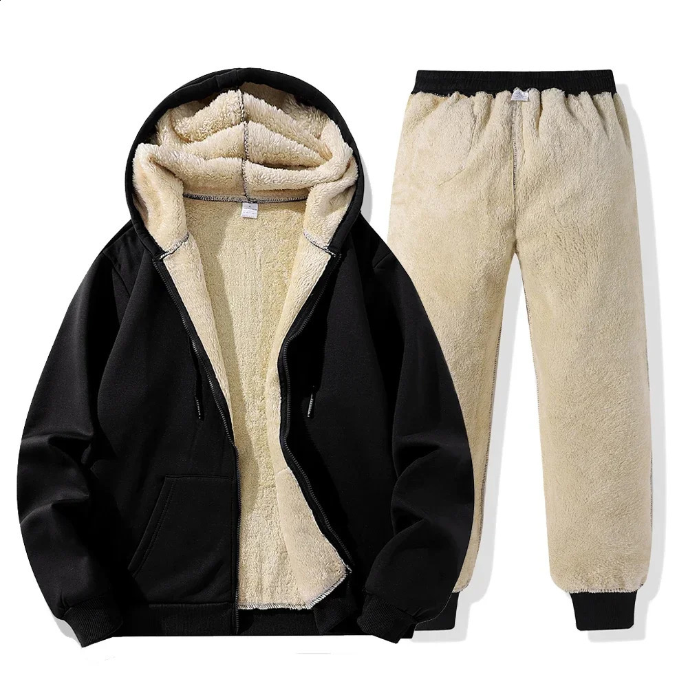 Winter Warm Zipper Jackets Suit Mens Casual Sports Hooded Sweatshirt and Pants Set Fashion Thermal Thicken Tracksuit Harajuku 241224