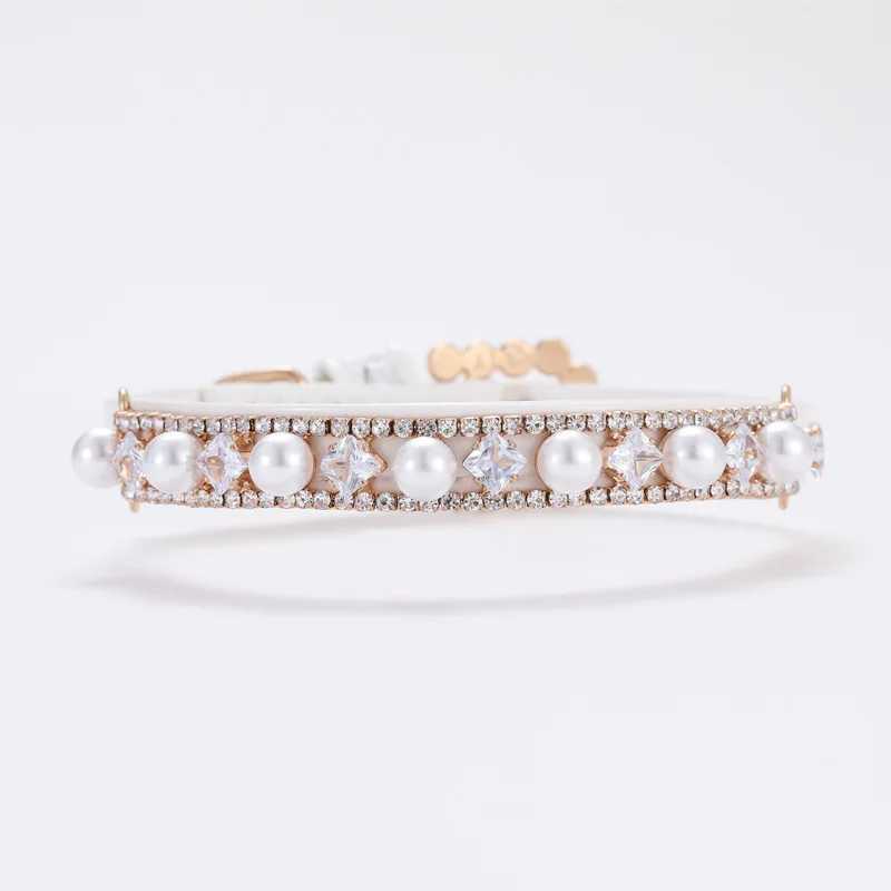 Dog and cat pearl necklace crystal rhinestone pearl cat necklace adjustable PU leather necklace suitable for small dog and cat accessories M241228