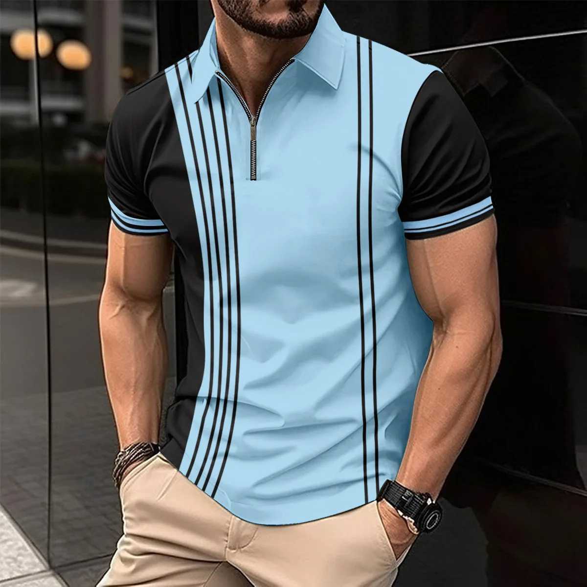 2024 Summer Mens Explosive Stripe Ultra Thin Breathable Zipper Collar Mens Clothing Sports and Leisure shirt Shirt X241228