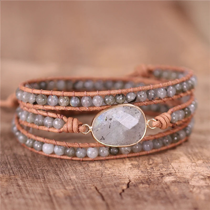 Boho Grey Labradorite Leather Wrap Bracelet Natural Stone Handmade 3 Strands Beads Cord Bracelet Unisex Jewelry Drop 241227