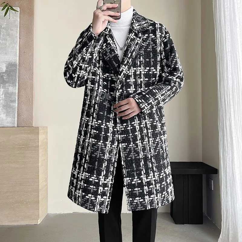 British Style Jacquard Pattern Trench Coat Men Autumn Winter Mens Medium Long Coat Business Casual Streetwear Windbreaker W241228