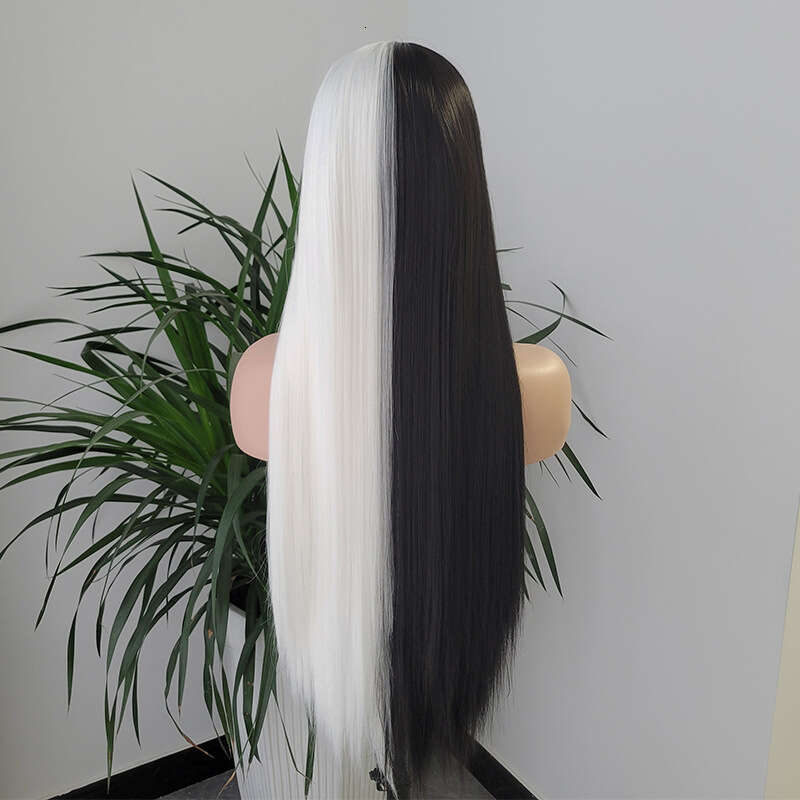 13 * 4 Front Lace Wig, Women's Black And White Double Splicing Yin-Yang Head, Split Long Straight Hair, Synthetic Full Head Cover Cosplay Wig Kq2