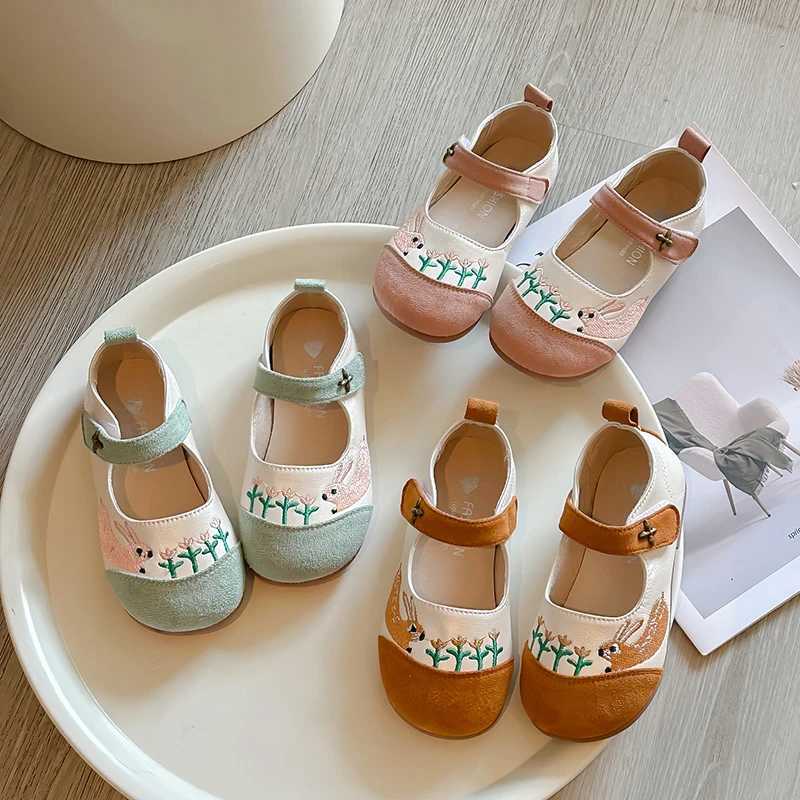 Spring Girls Princess Shoes Embroider Rabbit Cute Children Flat Shoe Patchwork Light Lovely Shallow Daily Kids Mary Janes 23-35 W241228