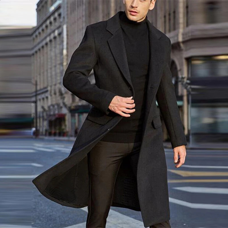 Elegant Casual Long Woolen Coat Autumn Trench Winter Clothes British Fashion Windbreaker Mens Trendy 241220