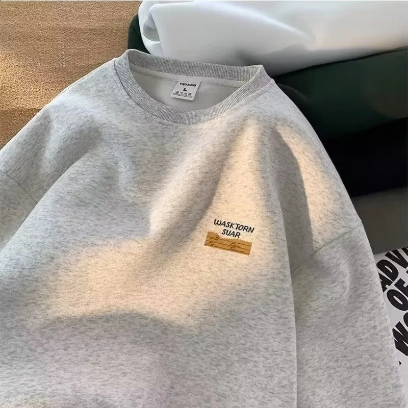 American style cool retro heavyweight round neck hoodie mens autumn and winter plus plush loose trendy cool top 241220