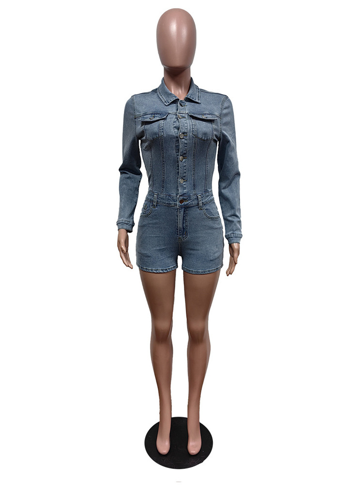 Weird Puss Elastic Denim Women Playsuit Lapel Single-Breasted Full Sleeve One Pieces Shorts Trendy Vintage High Street Partywear