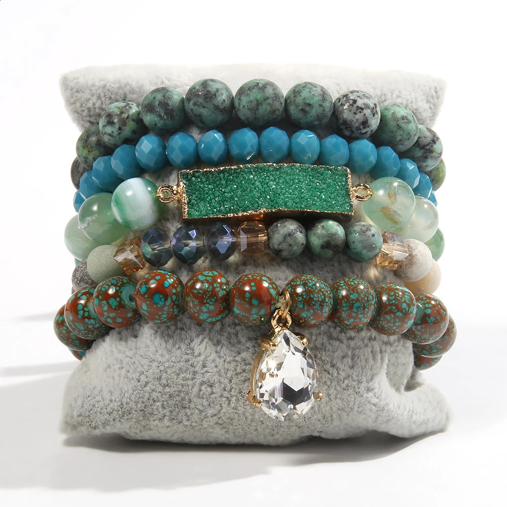 Summer Fashion Bohemian Womens Jewelry 5pcs Natural Stone Glass Handmade Beaded Elastic Bracelet Druzy Stack Bracelet Set 241227
