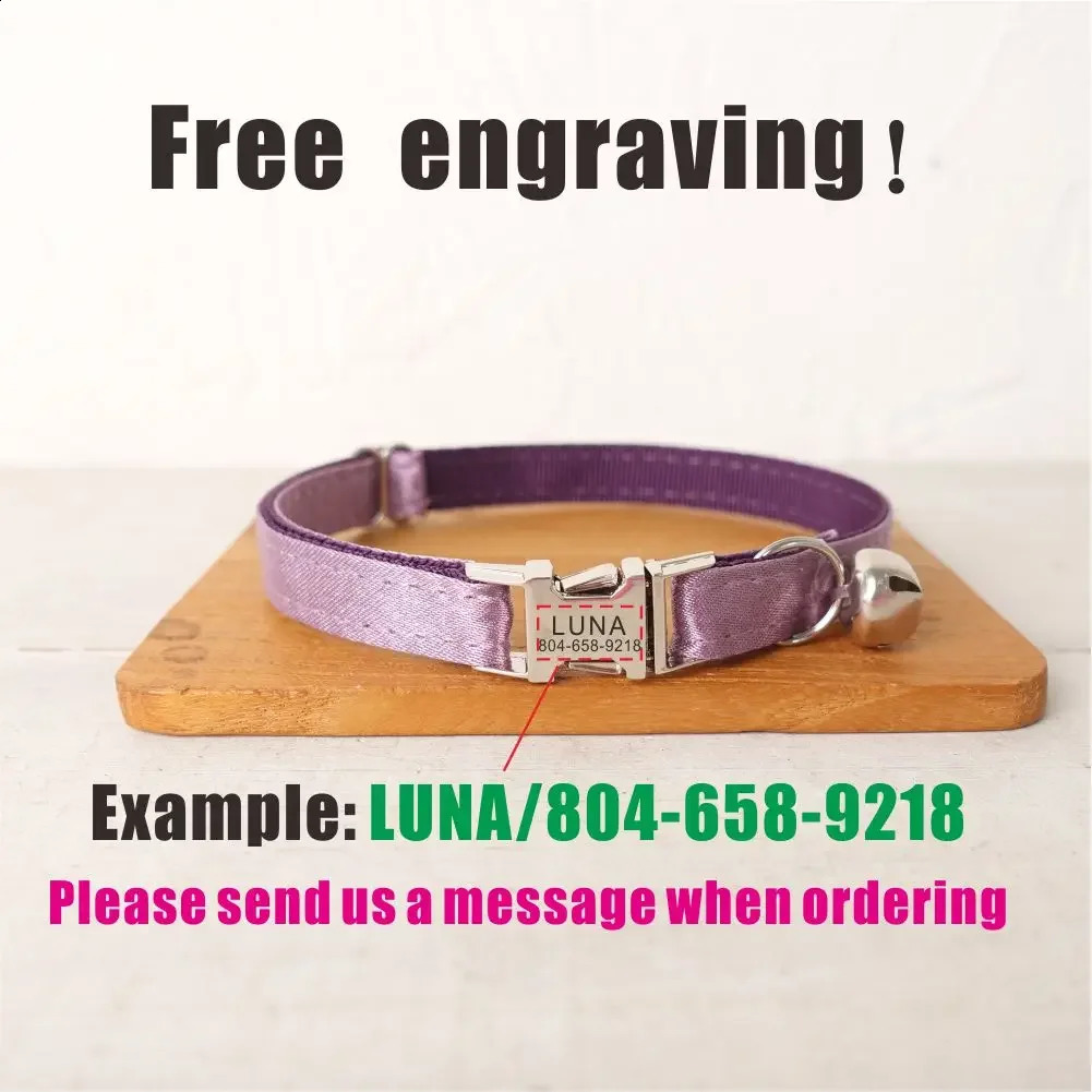 Personalized Cat Collar with Free Engraving Matching Pet LeashCustomzied Contacts Metal Buckle Shiny Purple Pet Collar 241227