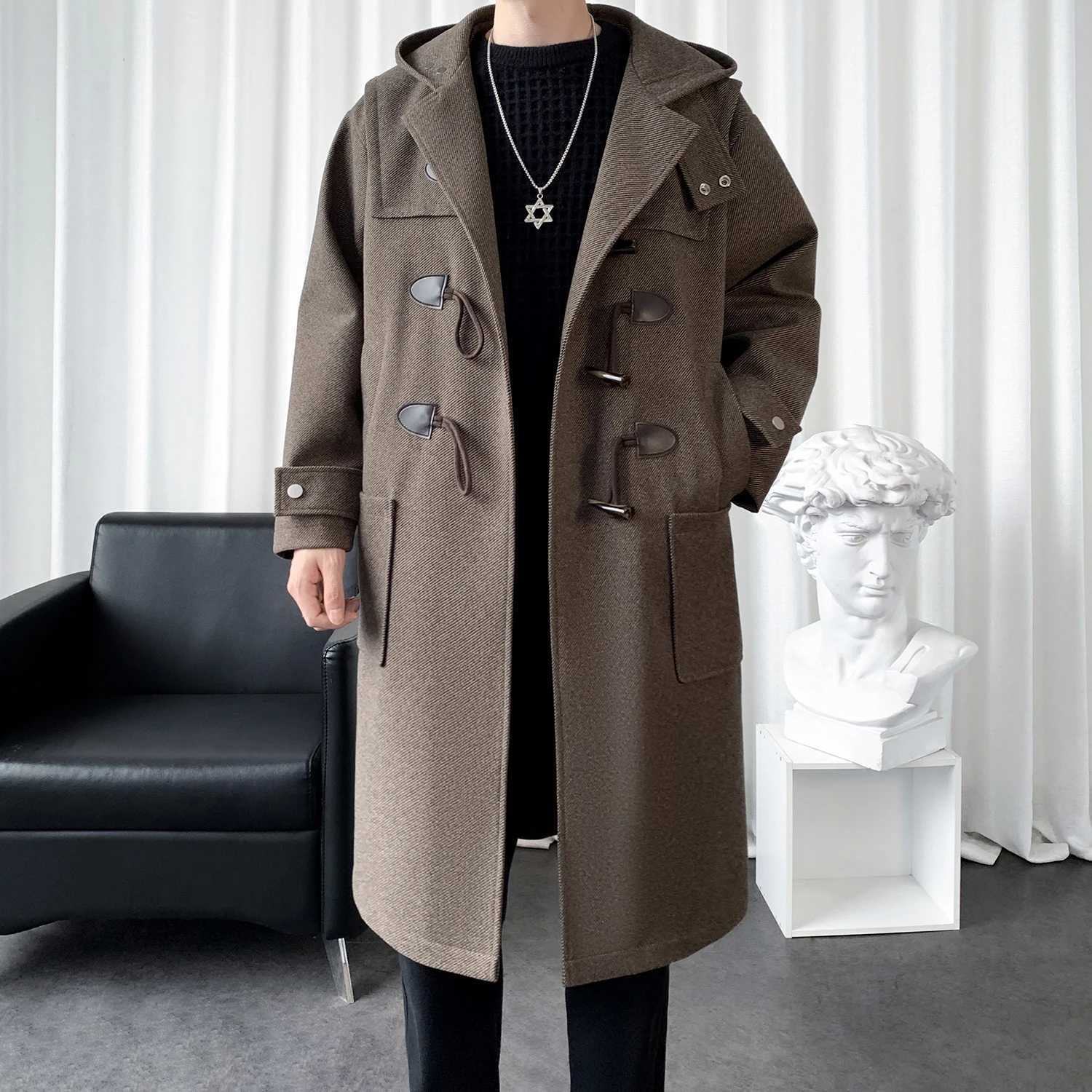 Horn Button Long Windbreaker Solid Color Single Breasted Mens Clothing Loose Oversized Trench Coat Casual Thick Hooded Male Top W241228