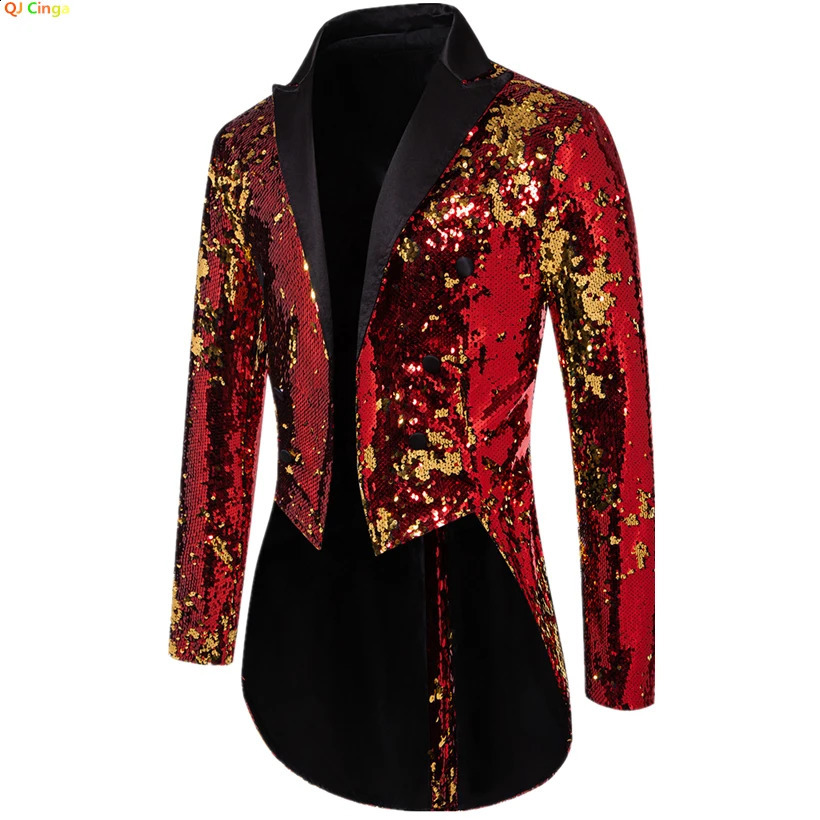 Red metal shiny sequin tailcoat mens performance party stage performance dress jacket fashionable long cardigan suit jacket S-XXL 241227