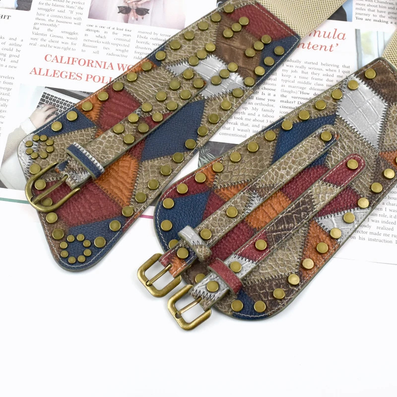 Deepeel 70cm Fashion Retro Rivet Cummerbund Pin Buckle Wide Belt Women Decorative Corset Dress Shirt Female Elastic Waistband 241227