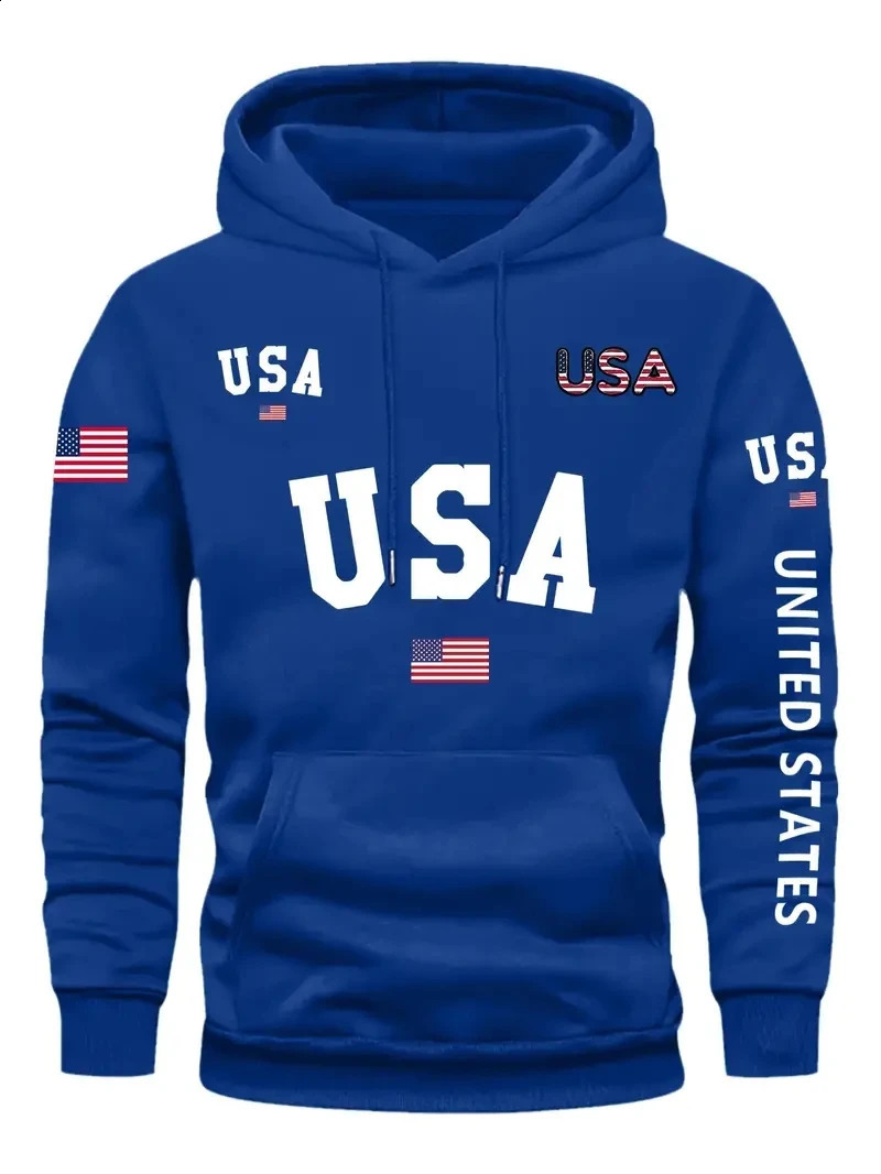 Plus size mens fashionable hoodie long sleeved casual sports style fancy letter American flag print hoodie 241220