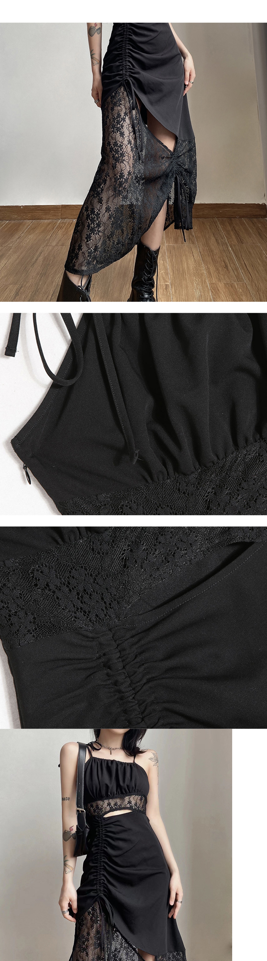 S160 Lace splicing suspender dress for women, backless, slim, hollow, pleated, waist-hugging chic long dress