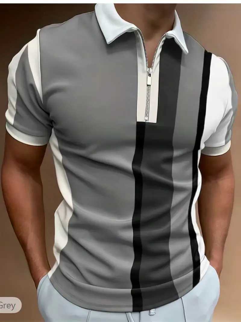 Mens Zip shirt Shirt Simple Patchwork Stripe Stereo Print Retro Mens Short Sleeve Large Size Street Summer Zip shirt Shirt X241228