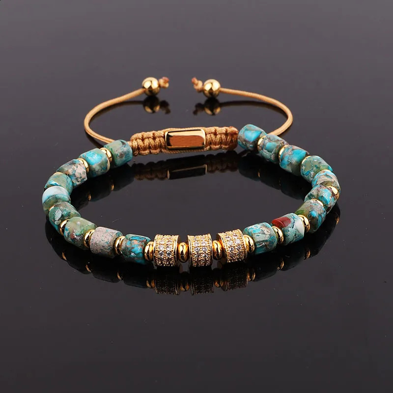 Fashion Jewelry Natural Stone Blue Imperial Jasper CZ Pave Charm Macrame Bracelet Women Men 241227