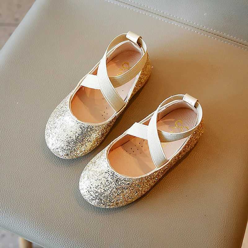 Princess Sparkling Leather Girls Shoes Soft and Comfortable Shining Glitter Childrens Shoes Sweet Wedding Dress Par Apartment Mary Jane Shoes W241228