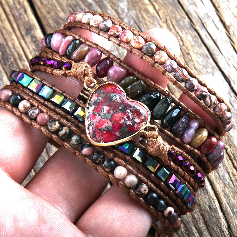 RH Fashion Bohemian Jewelry Women Vegan Boho Bracelet Mixed Natural Stones Heart Charm 5 Strands Wrap Bracelets Drop 241227