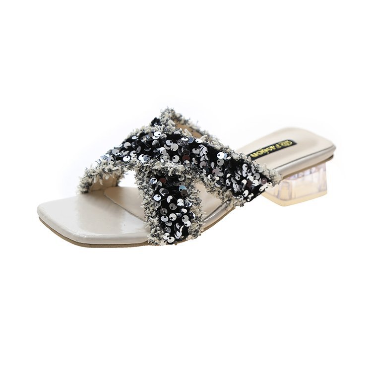 Women Slippers High Heel Sandals Fairy Style Trendy Fashion Versatile Ladies Shoes Triple Black Silver Plus Size 35-43 Free shipping