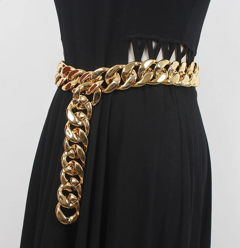 Womens runway fashion gold chain Cummerbunds female Dress coat Corsets Waistband Belts decoration wide belt R3507 241227