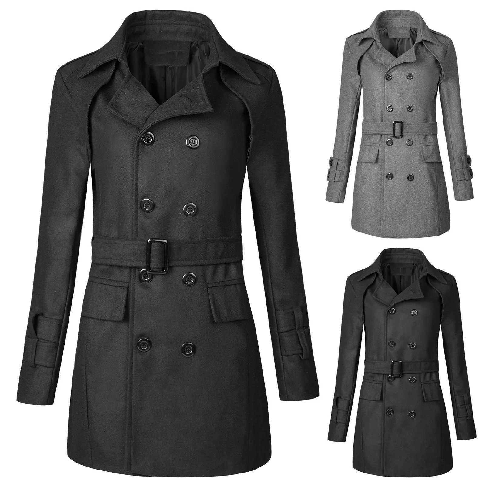 Solid Color Windbreakers Overcoat Medium-length Shoulder Belt Mens Jacket Fall Winter Casual Simple Regular Type Trench Coat W241228