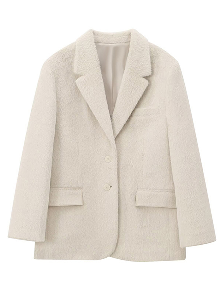 Loose Mohair Blazer Coats Women Chic Lapel Single-Breasted Long Sleeve Suit Jackets Autumn Winter Commute Outerwears Lady