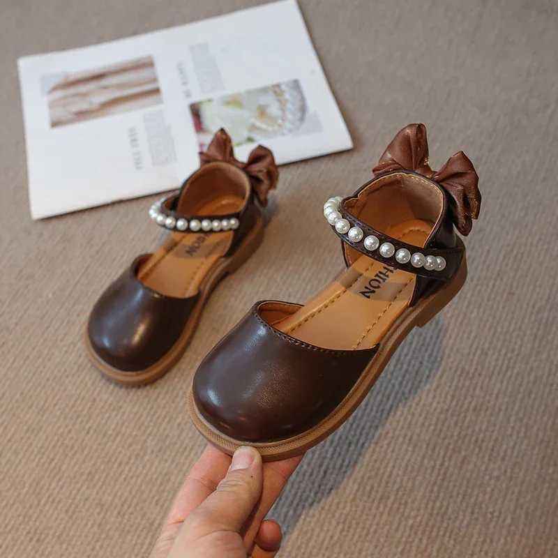 Children Flat Leather Shoes for Girls Fashion Princess 2024 Spring Summer Kids Flats Bowtie on The Back with Pearls Beads Sweet W241228