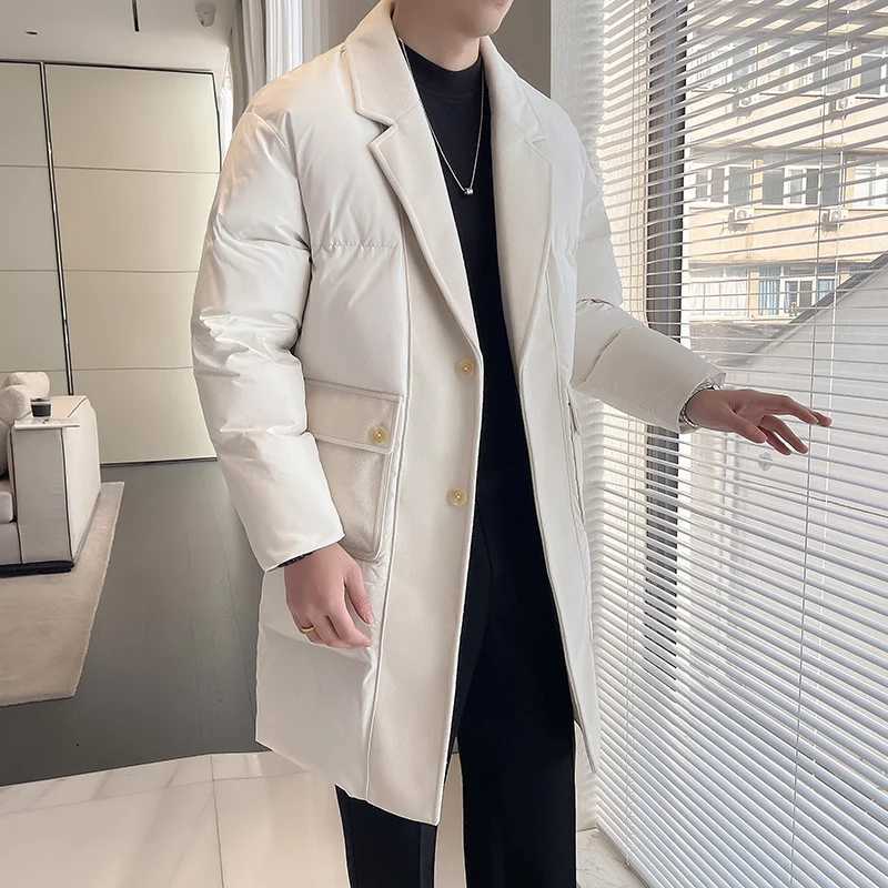 Solid color mens mid length single chest cotton lined jacket winter coat thick and warm long coat windproof Parkas W241228