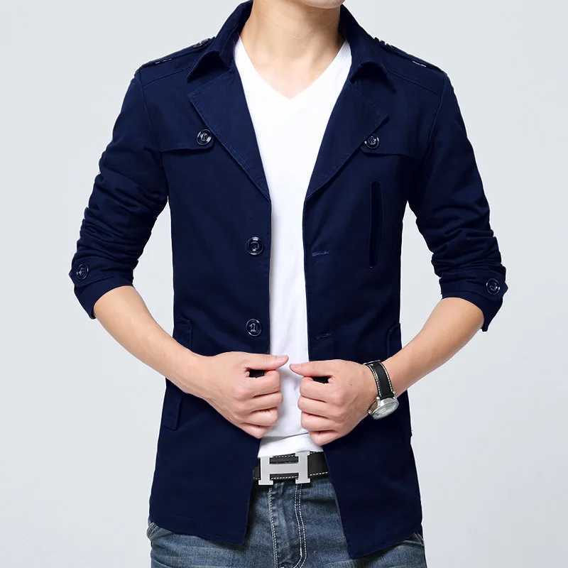 Autumn Pure Cotton Trench Coat Men New Wash Windbreaker Overcoat Slim Long Coat Turn Down Collar Casual Jacket Blue Zoeva W241228