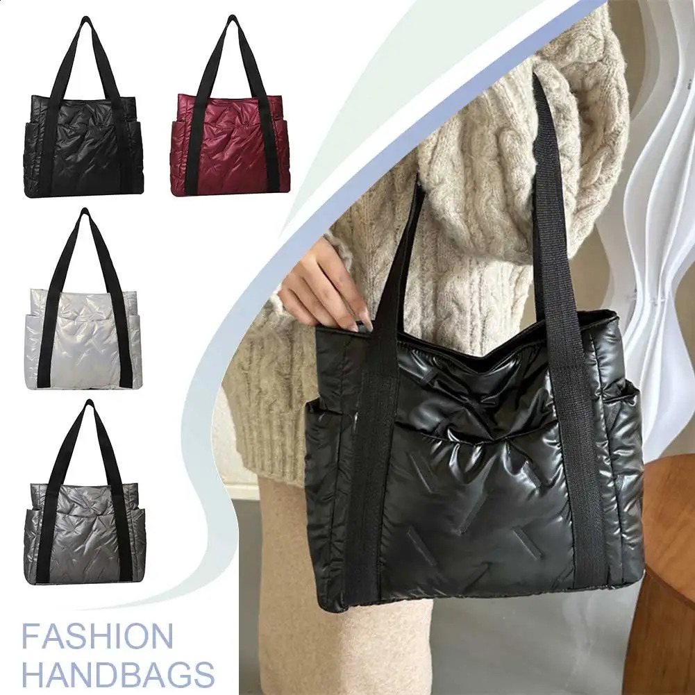 Puffer Tote Bag for Women Cotton Padded Winter Handbag Soft Down Multiple Pocket Work Bag Shopper Bag 241227