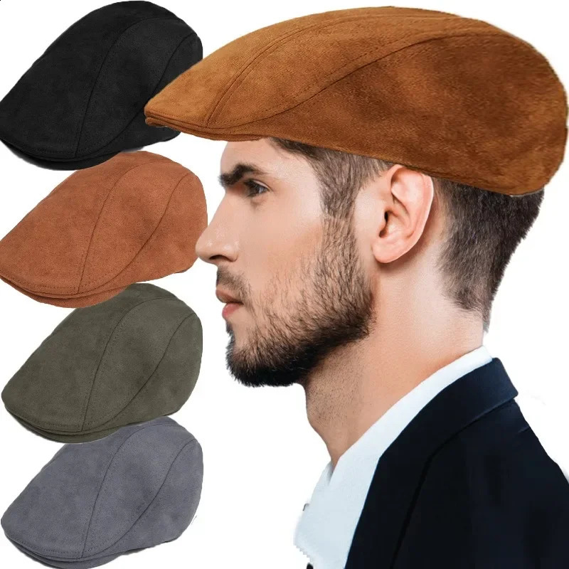 Mens suede Nap mens beret womens fashion autumn retro artist painter flat hat casual highquality s boy duckbill leather 241210