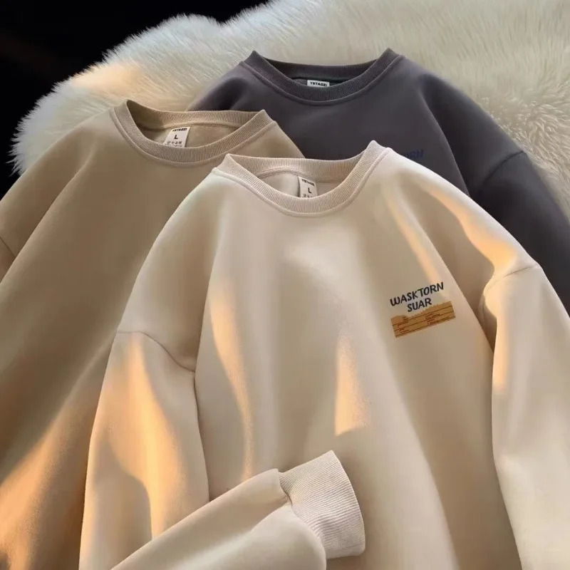 American style cool retro heavyweight round neck hoodie mens autumn and winter plus plush loose trendy cool top 241220