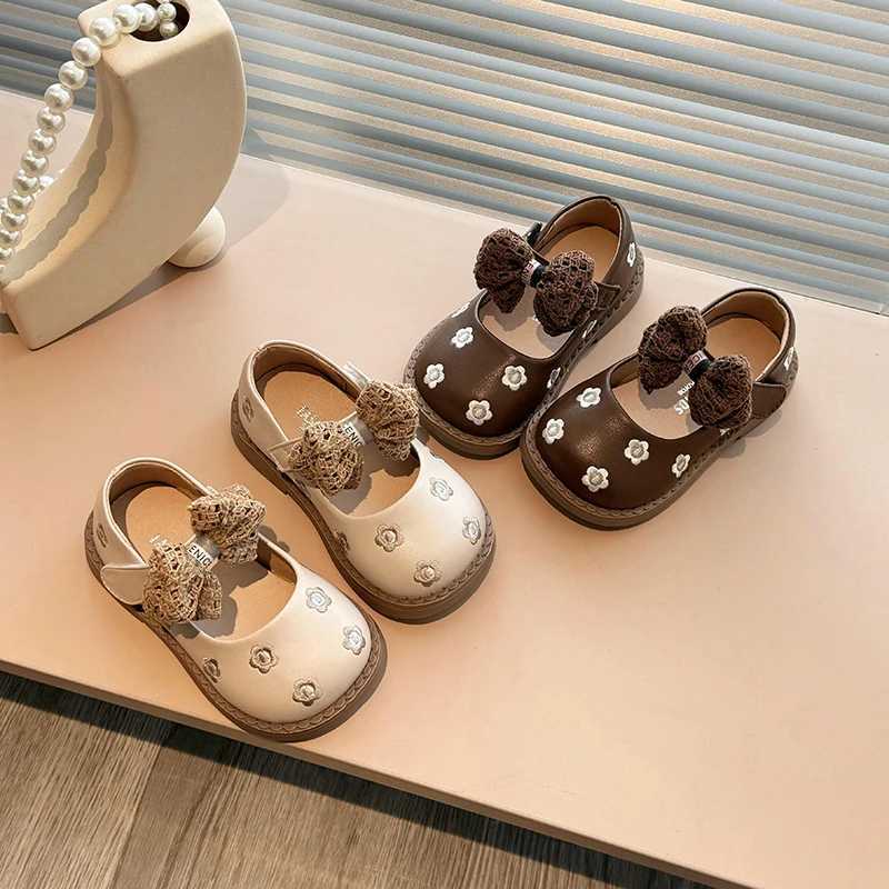 Autumn girl Mary Janes Flloal shallow bow knot classic childrens leather shoes matte Pu leather beige brown childrens flat shoes 21-30 W241228