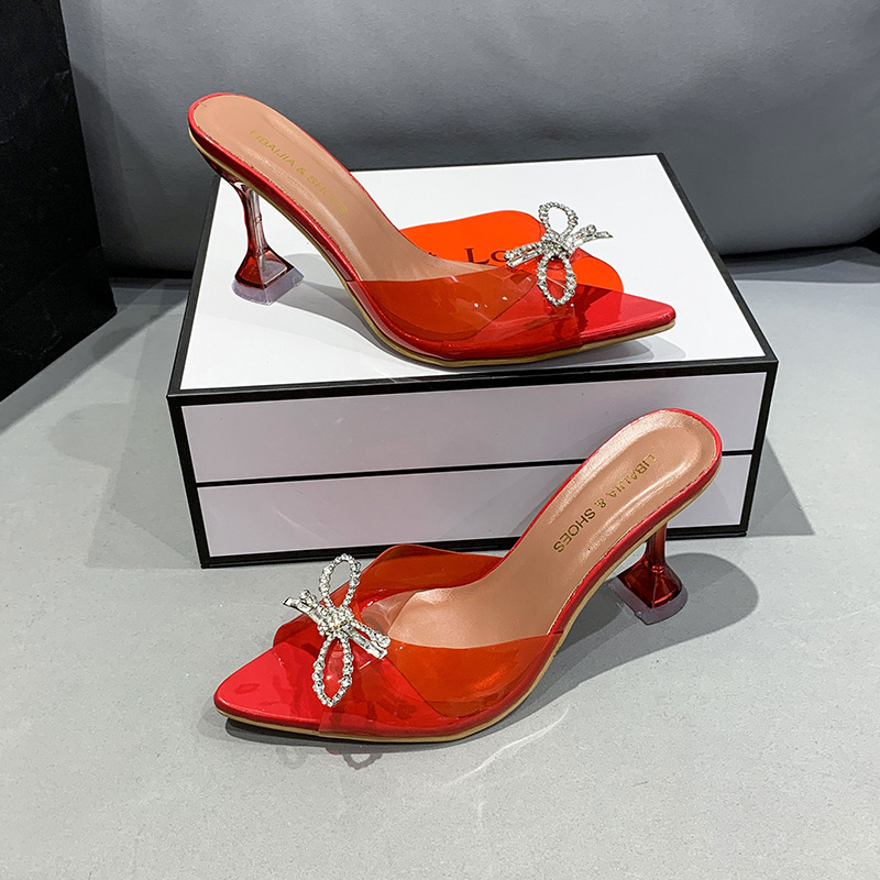 Ddmywed Bow Tie, Slim Crystal Heel, Women's Flip Flops With Pointed High Heels Chinese Brand Shoes F1228-32 ddmythur