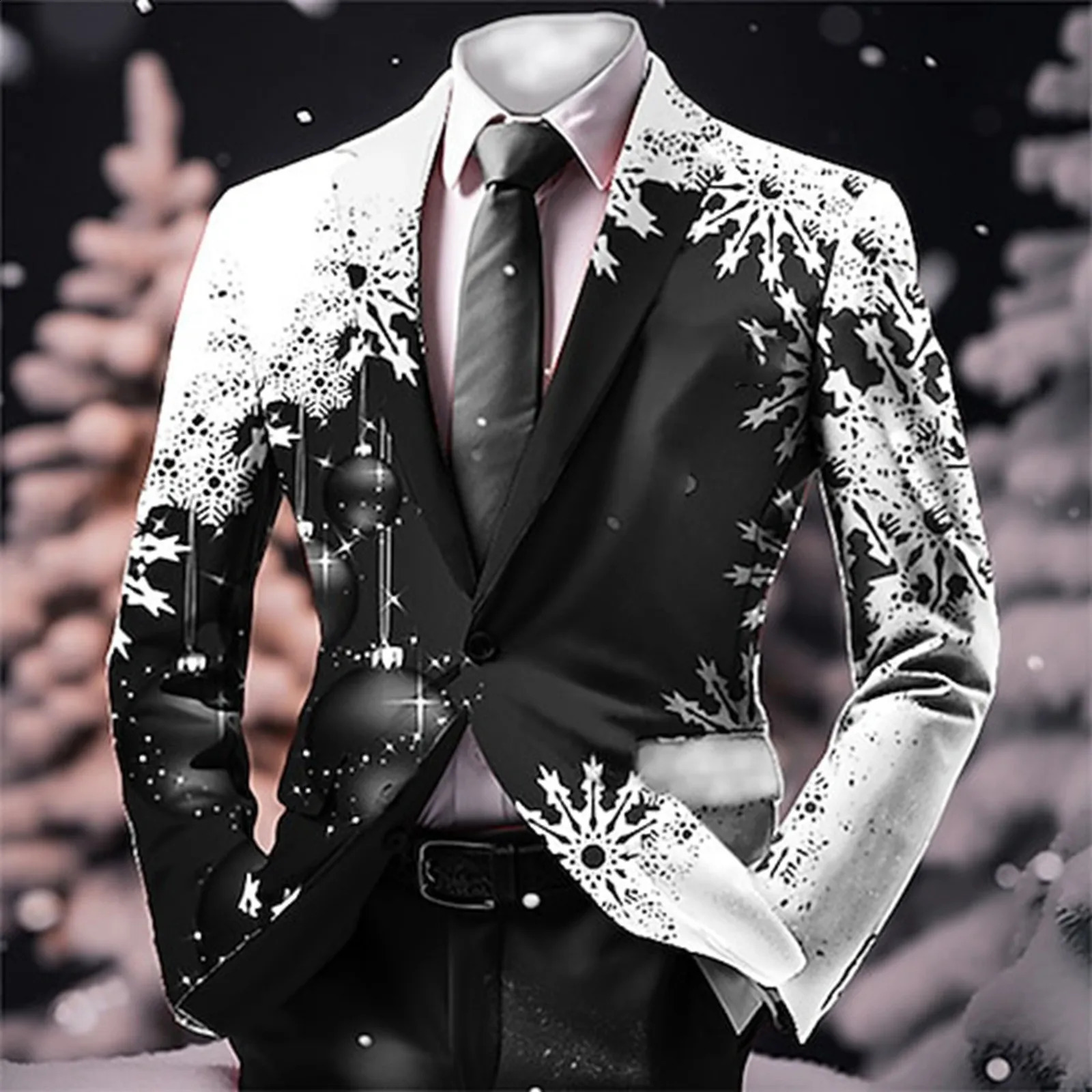 Snowflake print mens Christmas jacket single chest business casual slim fit set jacket outdoor party Christmas set men 241227